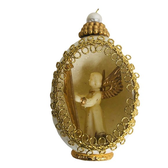 Eggshell Christmas Ornaments Musical Angels Gold Trim Pearl Set of 6 Vintage - Picture 6 of 12